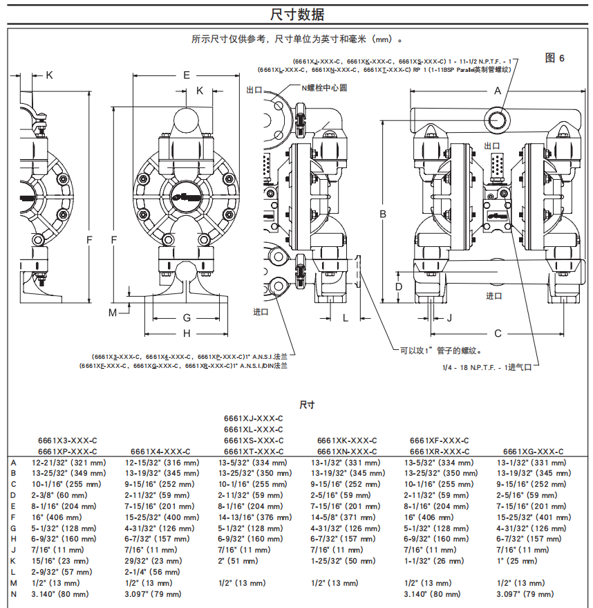 1寸塑料气动隔膜泵 ARO 25 6661A3-3EB 6661A3-344安装尺寸图