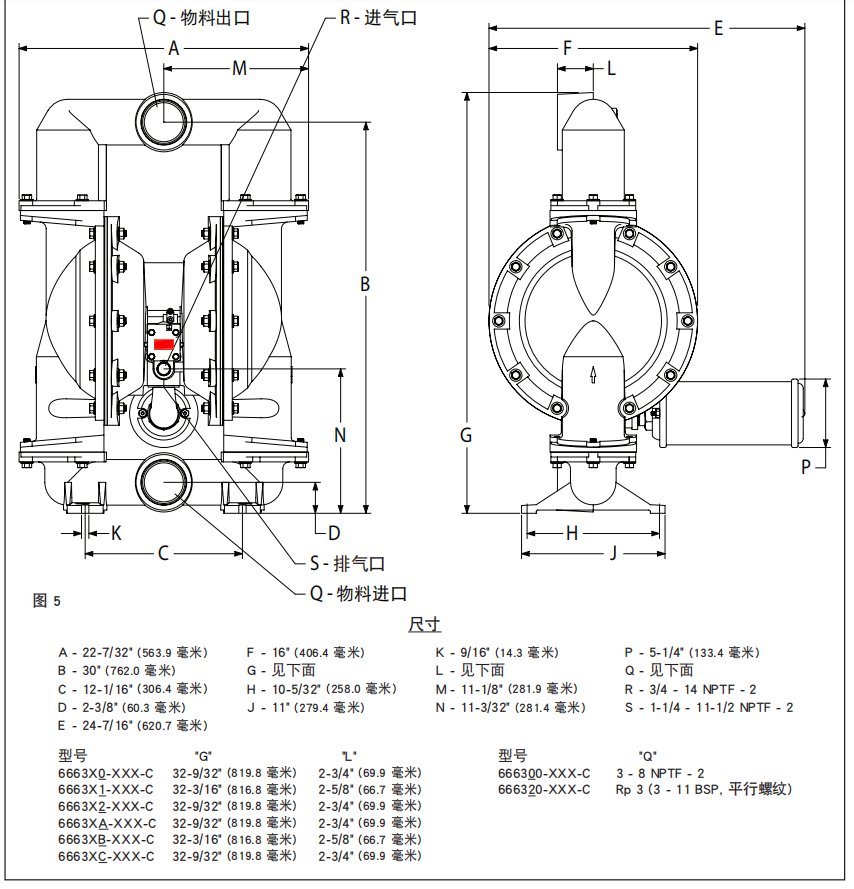 3寸80不锈钢气动隔膜泵66632B-244 66632B-EEB安装尺寸图